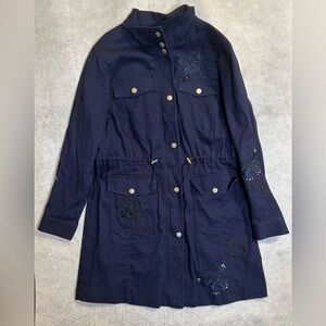 Colleen Lopez Utility Coat Jacket Size L Butterfly Embroidery Appliqué Navy EUC